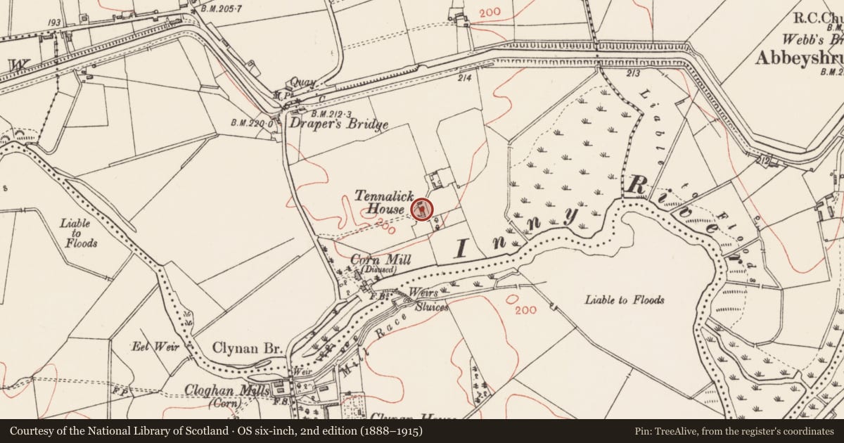 Ordnance Survey six-inch map, 2nd edition (1888–1915) covering the location of House - 17th century, Tennalick, County Longford, with a pin at the register's coordinates