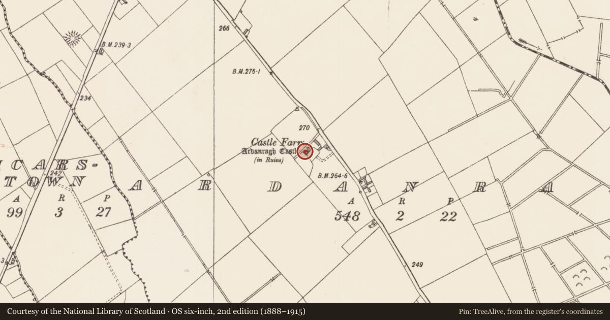Ordnance Survey six-inch map, 2nd edition (1888–1915) covering the location of Castle - tower house, Ardanragh, County Longford, with a pin at the register's coordinates