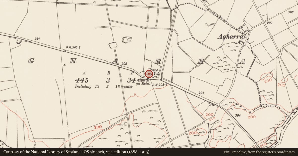Ordnance Survey six-inch map, 2nd edition (1888–1915) covering the location of Church, Agharra, County Longford, with a pin at the register's coordinates