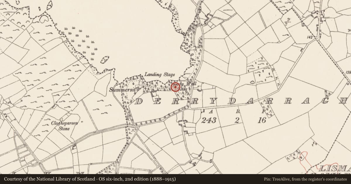 Ordnance Survey six-inch map, 2nd edition (1888–1915) covering the location of Mass-rock, Derrydarragh, County Longford, with a pin at the register's coordinates