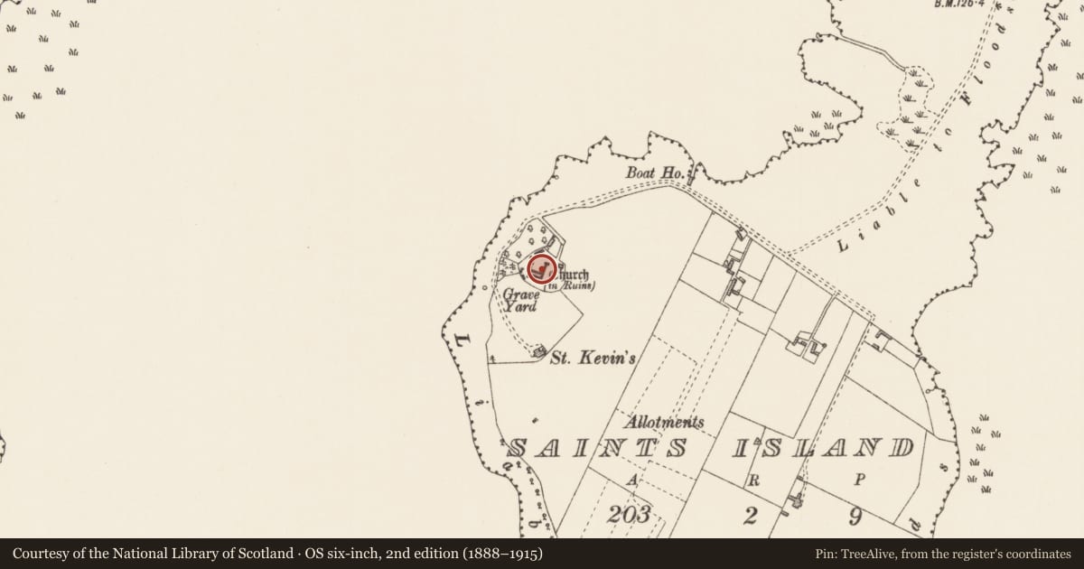 Ordnance Survey six-inch map, 2nd edition (1888–1915) covering the location of Ecclesiastical enclosure, Saints Island, County Longford, with a pin at the register's coordinates
