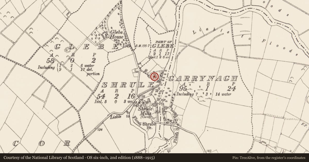 Ordnance Survey six-inch map, 2nd edition (1888–1915) covering the location of Church, Glebe (Detached portion), County Longford, with a pin at the register's coordinates