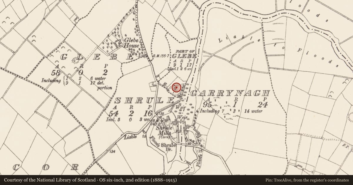 Ordnance Survey six-inch map, 2nd edition (1888–1915) covering the location of Cross-inscribed stone, Glebe (Detached portion), County Longford, with a pin at the register's coordinates