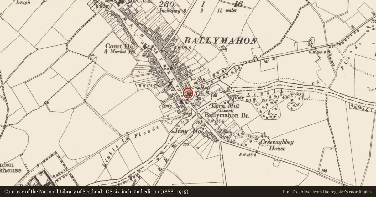 Ordnance Survey six-inch map, 2nd edition (1888–1915) covering the location of Church, Ballymahon, County Longford, with a pin at the register's coordinates
