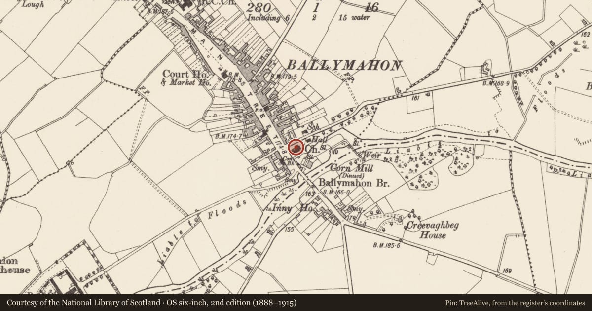 Ordnance Survey six-inch map, 2nd edition (1888–1915) covering the location of Graveyard, Ballymahon, County Longford, with a pin at the register's coordinates