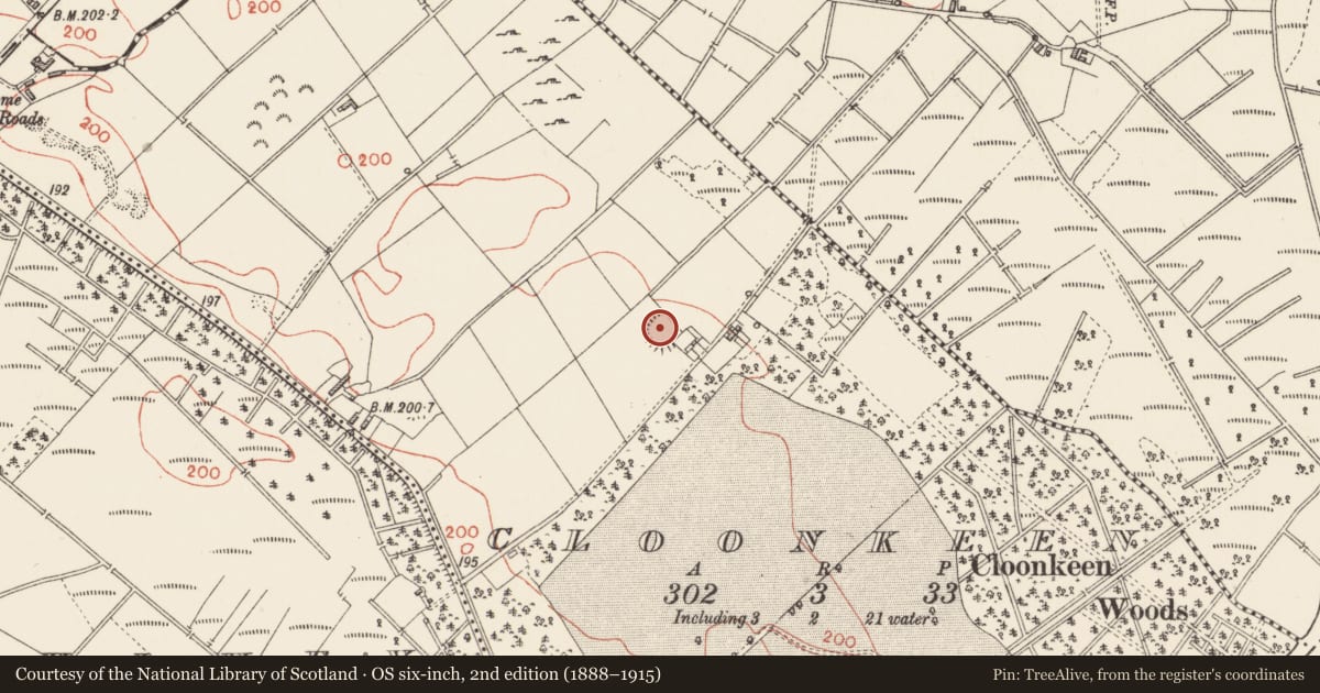Ordnance Survey six-inch map, 2nd edition (1888–1915) covering the location of Enclosure, Cloonkeen, County Longford, with a pin at the register's coordinates