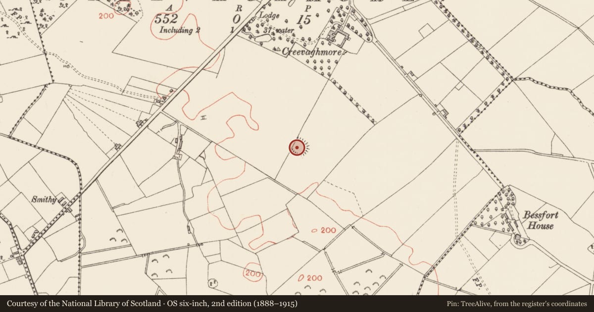 Ordnance Survey six-inch map, 2nd edition (1888–1915) covering the location of Ringfort - rath, Creevaghmore, County Longford, with a pin at the register's coordinates