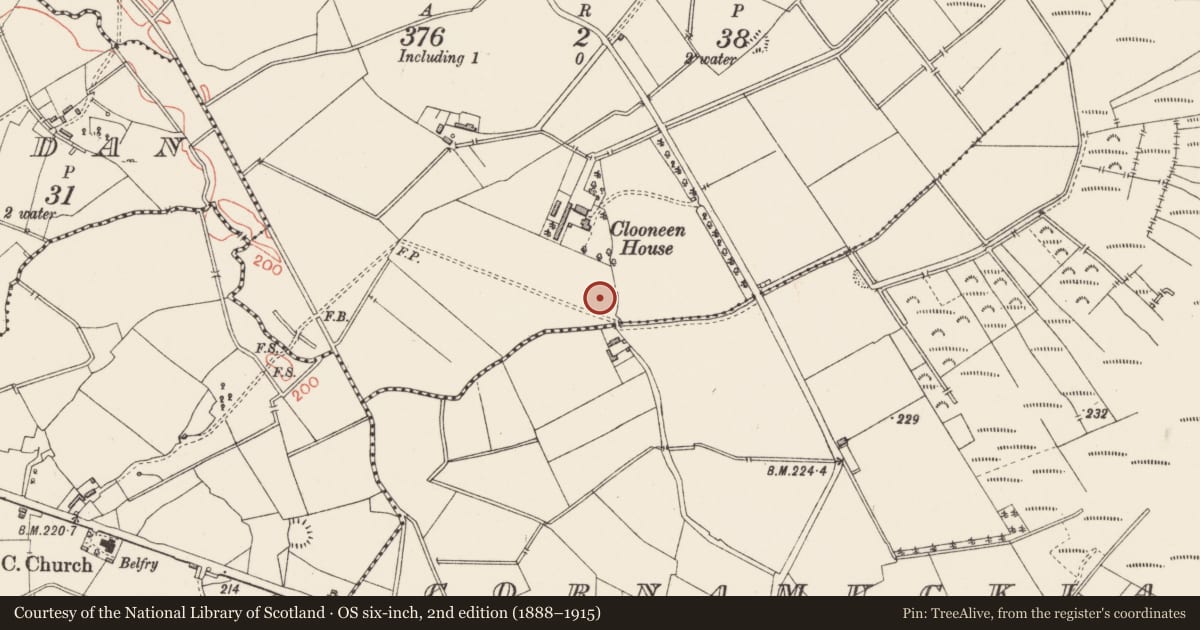 Ordnance Survey six-inch map, 2nd edition (1888–1915) covering the location of Ringfort - rath, Clooneen, County Longford, with a pin at the register's coordinates