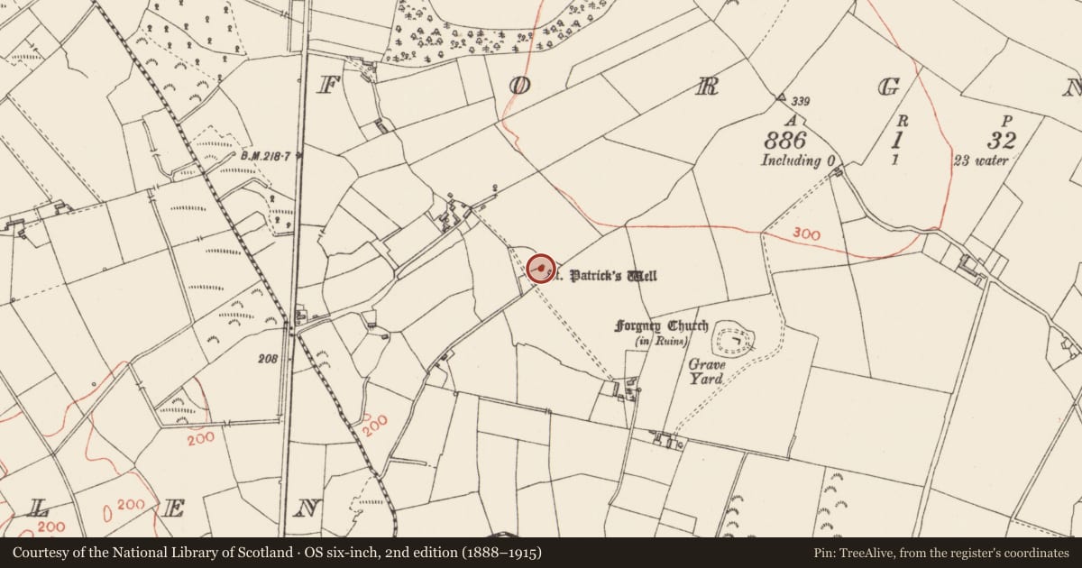 Ordnance Survey six-inch map, 2nd edition (1888–1915) covering the location of Ritual site - holy well, Forgney, County Longford, with a pin at the register's coordinates