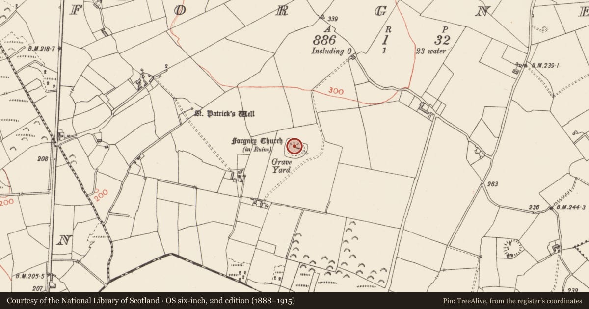 Ordnance Survey six-inch map, 2nd edition (1888–1915) covering the location of Church, Forgney, County Longford, with a pin at the register's coordinates