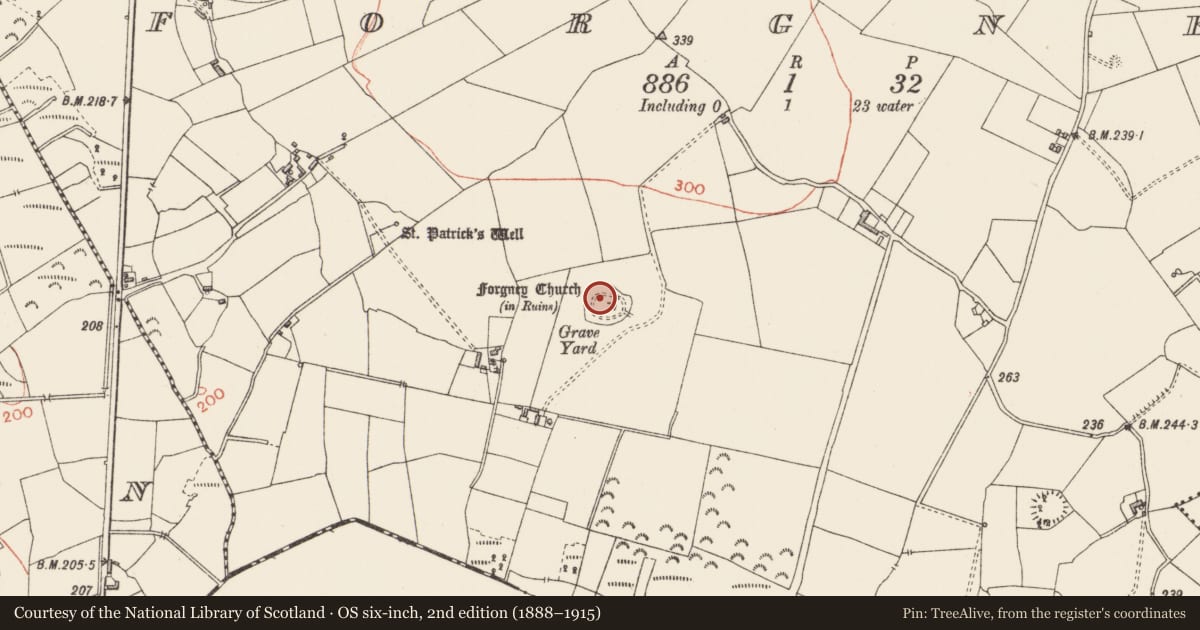 Ordnance Survey six-inch map, 2nd edition (1888–1915) covering the location of Graveyard, Forgney, County Longford, with a pin at the register's coordinates