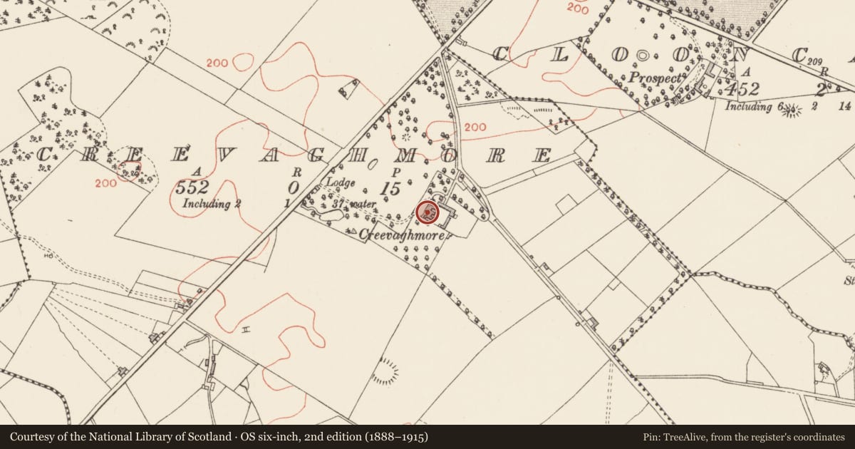 Ordnance Survey six-inch map, 2nd edition (1888–1915) covering the location of House - 17th century, Creevaghmore, County Longford, with a pin at the register's coordinates
