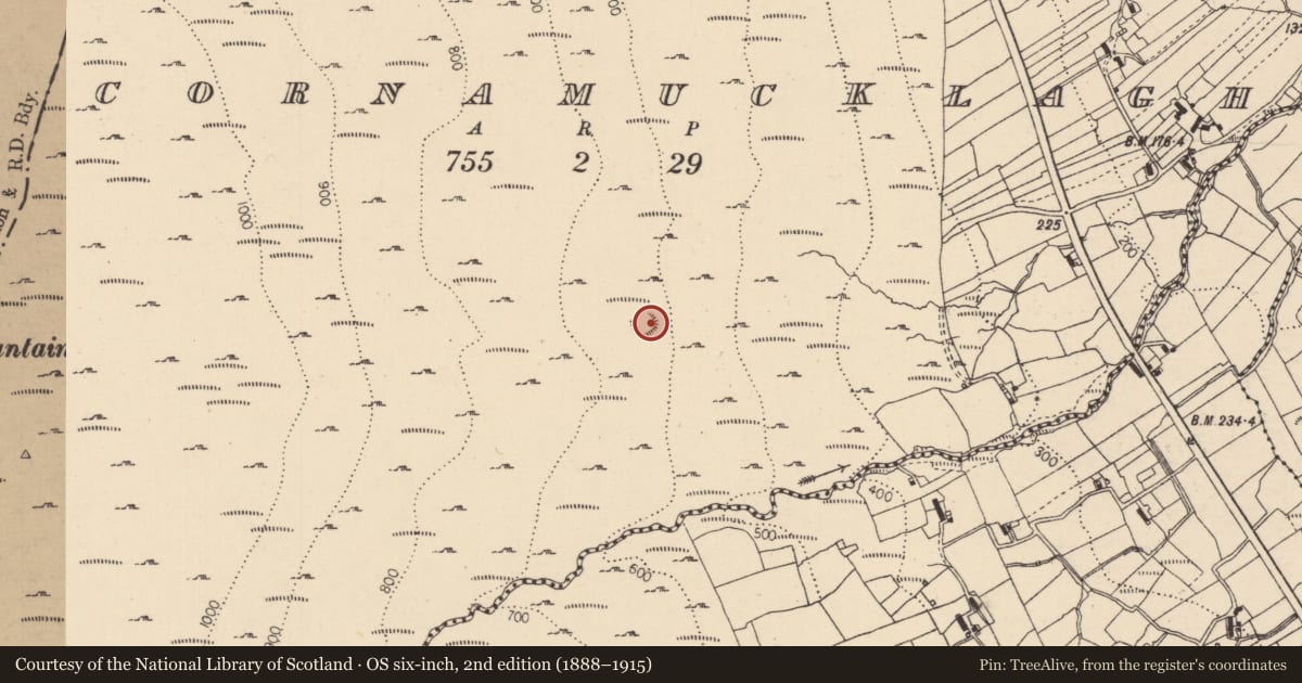 Ordnance Survey six-inch map, 2nd edition (1888–1915) covering the location of Earthwork, Cornamucklagh, County Louth, with a pin at the register's coordinates