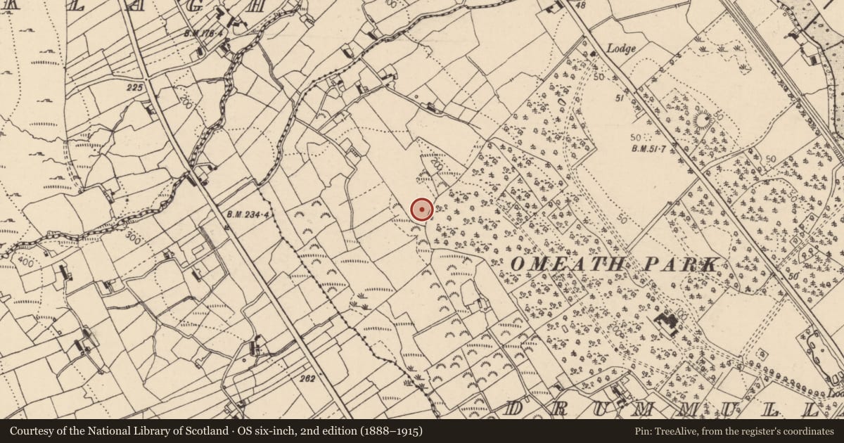 Ordnance Survey six-inch map, 2nd edition (1888–1915) covering the location of Earthwork, Drummullagh, County Louth, with a pin at the register's coordinates