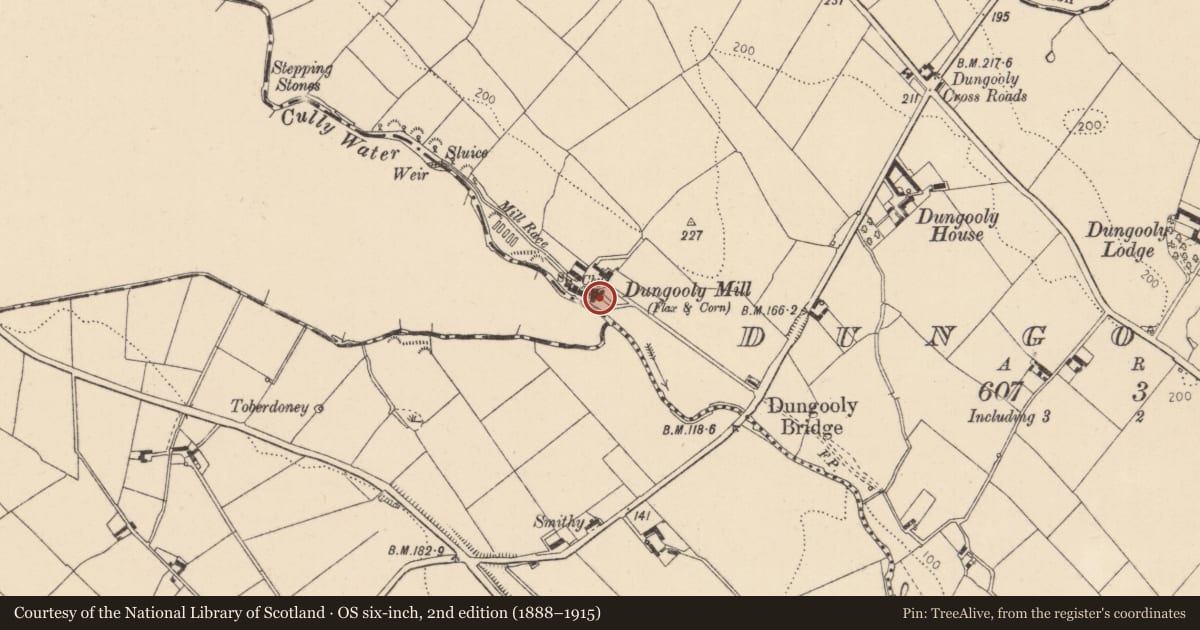 Ordnance Survey six-inch map, 2nd edition (1888–1915) covering the location of Kiln, Dungooly, County Louth, with a pin at the register's coordinates