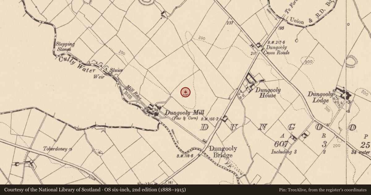 Ordnance Survey six-inch map, 2nd edition (1888–1915) covering the location of Bawn, Dungooly, County Louth, with a pin at the register's coordinates