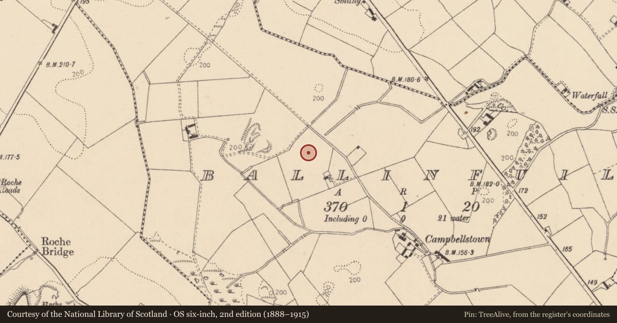 Ordnance Survey six-inch map, 2nd edition (1888–1915) covering the location of Enclosure, Ballinfuil, County Louth, with a pin at the register's coordinates