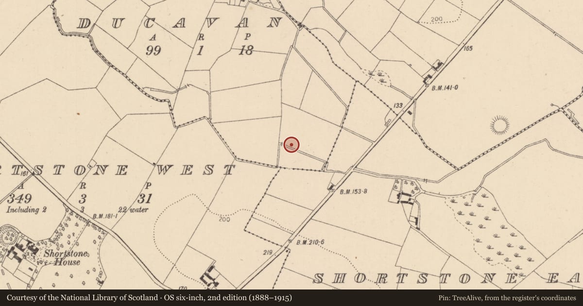 Ordnance Survey six-inch map, 2nd edition (1888–1915) covering the location of Fulacht fia, Ducavan, County Louth, with a pin at the register's coordinates