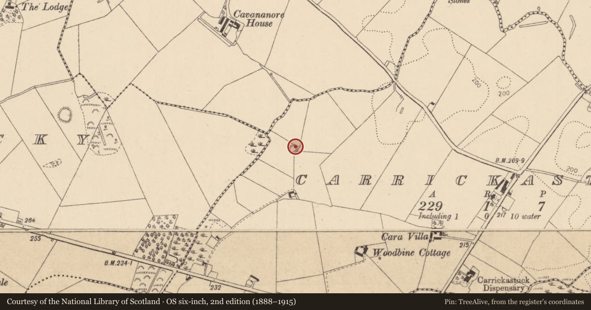 Ordnance Survey six-inch map, 2nd edition (1888–1915) covering the location of Barrow - ring-barrow, Carrickastuck, County Louth, with a pin at the register's coordinates