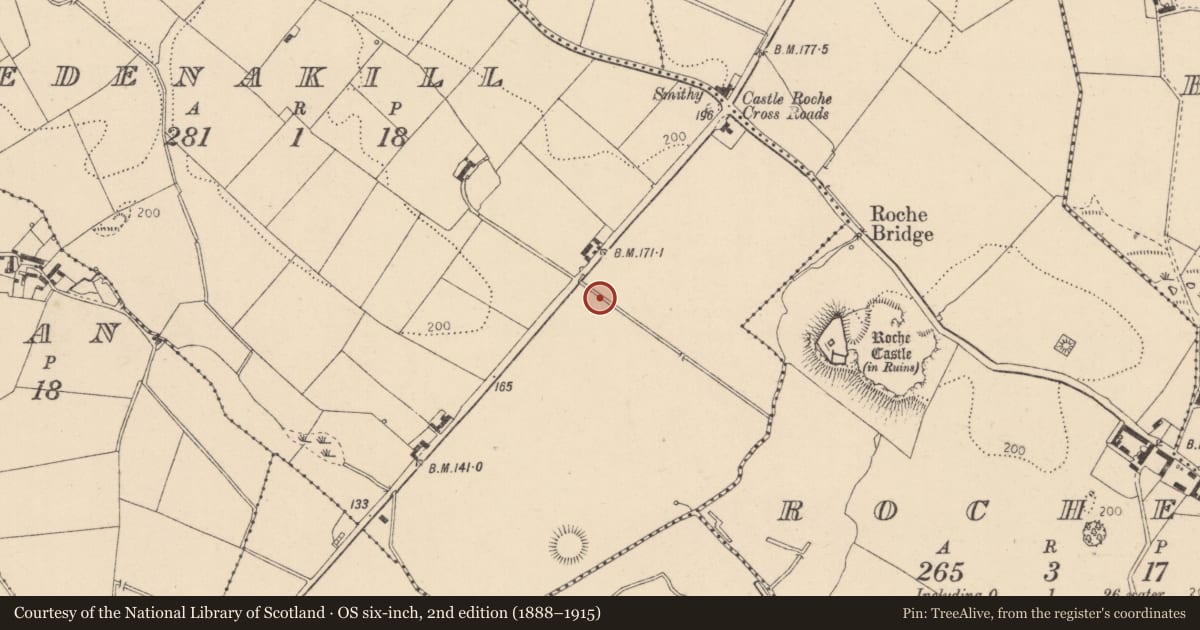 Ordnance Survey six-inch map, 2nd edition (1888–1915) covering the location of Fulacht fia, Edenakill, County Louth, with a pin at the register's coordinates