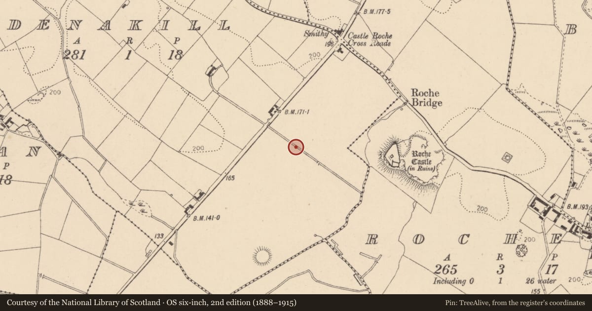 Ordnance Survey six-inch map, 2nd edition (1888–1915) covering the location of Fulacht fia, Edenakill, County Louth, with a pin at the register's coordinates