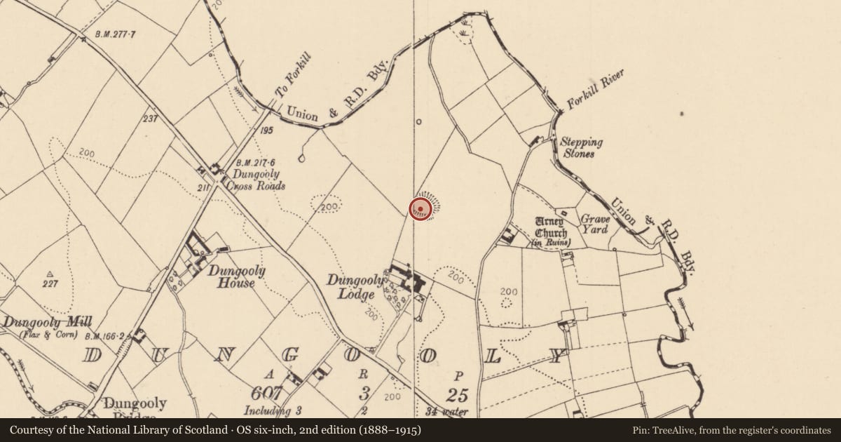 Ordnance Survey six-inch map, 2nd edition (1888–1915) covering the location of Ringfort - rath, Dungooly, County Louth, with a pin at the register's coordinates