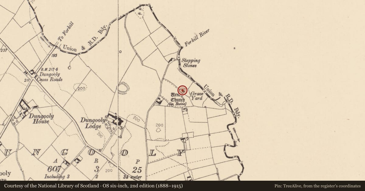 Ordnance Survey six-inch map, 2nd edition (1888–1915) covering the location of Church, Dungooly, County Louth, with a pin at the register's coordinates
