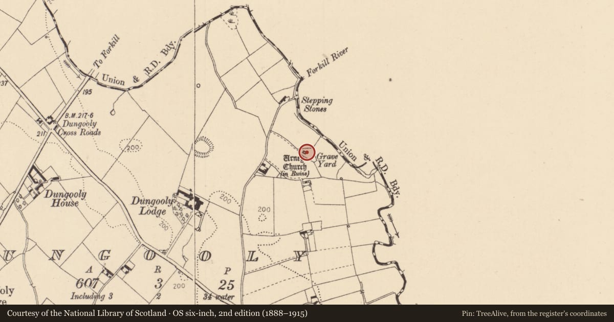 Ordnance Survey six-inch map, 2nd edition (1888–1915) covering the location of Graveyard, Dungooly, County Louth, with a pin at the register's coordinates