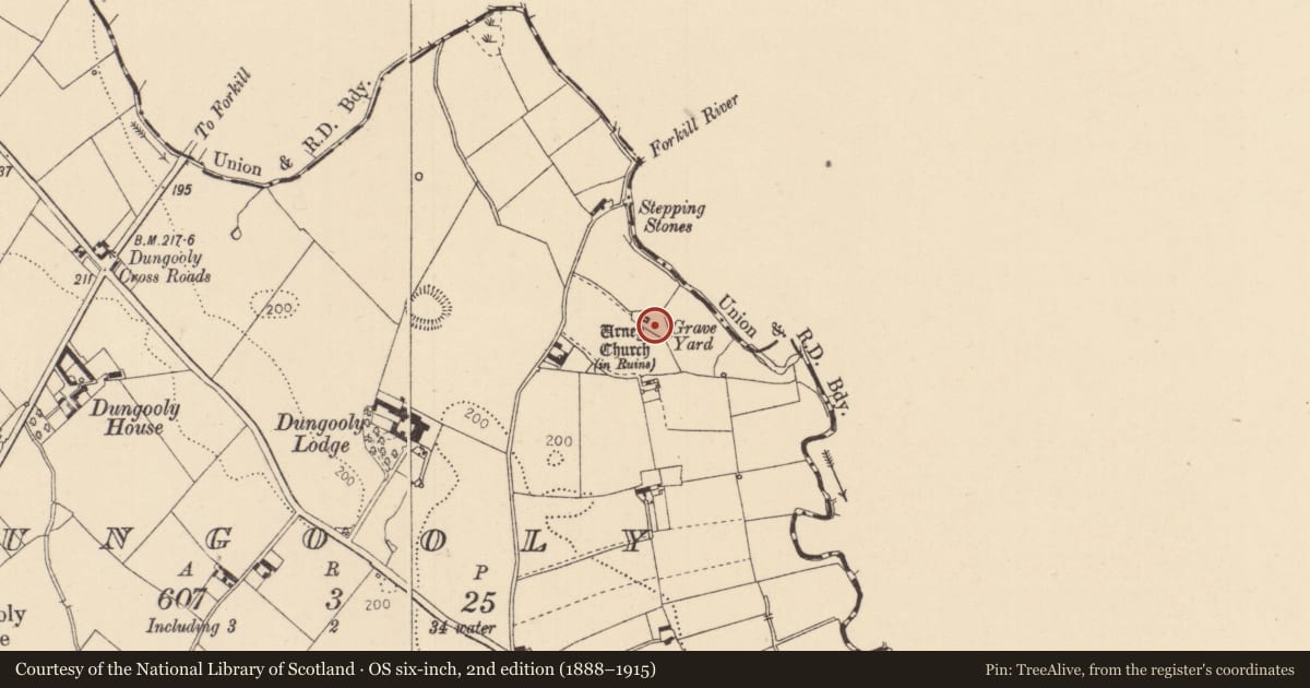 Ordnance Survey six-inch map, 2nd edition (1888–1915) covering the location of Bullaun stone, Dungooly, County Louth, with a pin at the register's coordinates