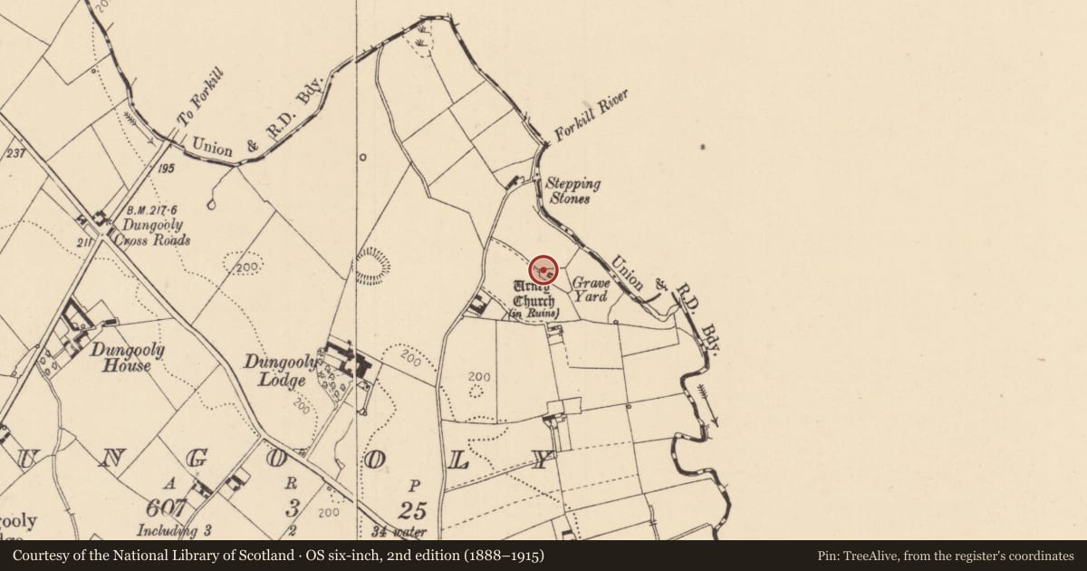 Ordnance Survey six-inch map, 2nd edition (1888–1915) covering the location of Cross-slab, Dungooly, County Louth, with a pin at the register's coordinates