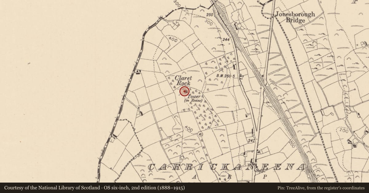 Ordnance Survey six-inch map, 2nd edition (1888–1915) covering the location of Structure, Carrickaneena, County Louth, with a pin at the register's coordinates