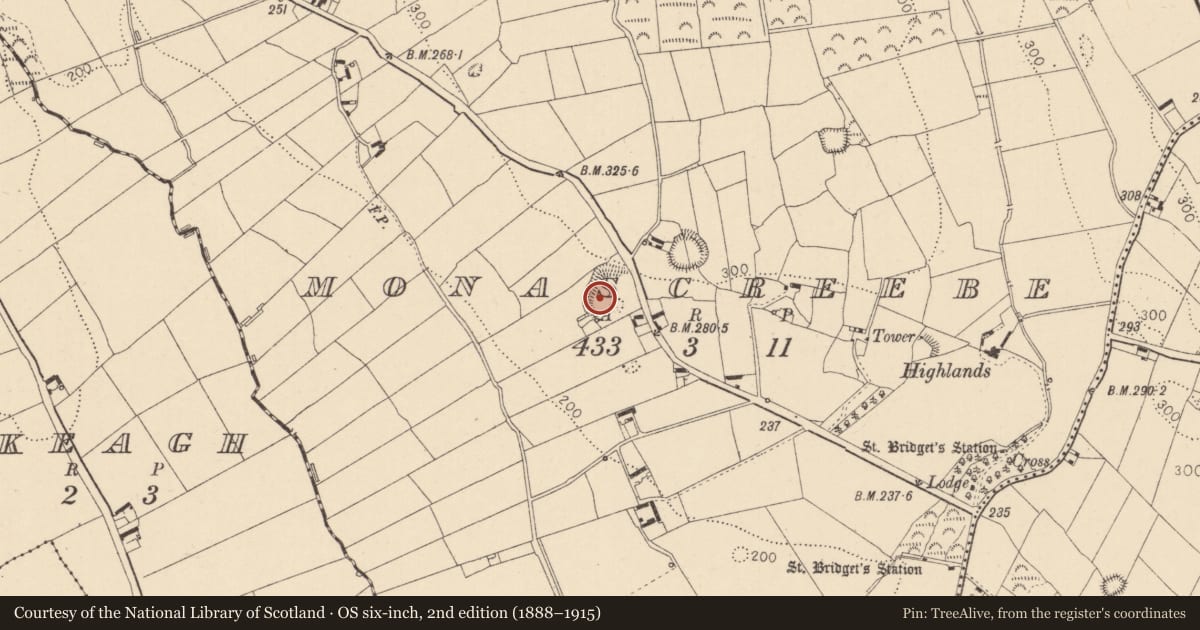 Ordnance Survey six-inch map, 2nd edition (1888–1915) covering the location of Ringfort - rath, Monascreebe, County Louth, with a pin at the register's coordinates