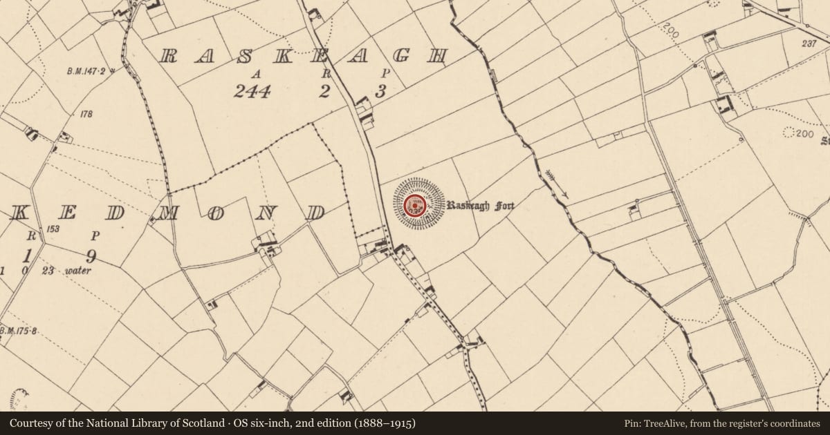 Ordnance Survey six-inch map, 2nd edition (1888–1915) covering the location of Castle - motte and bailey, Raskeagh, County Louth, with a pin at the register's coordinates