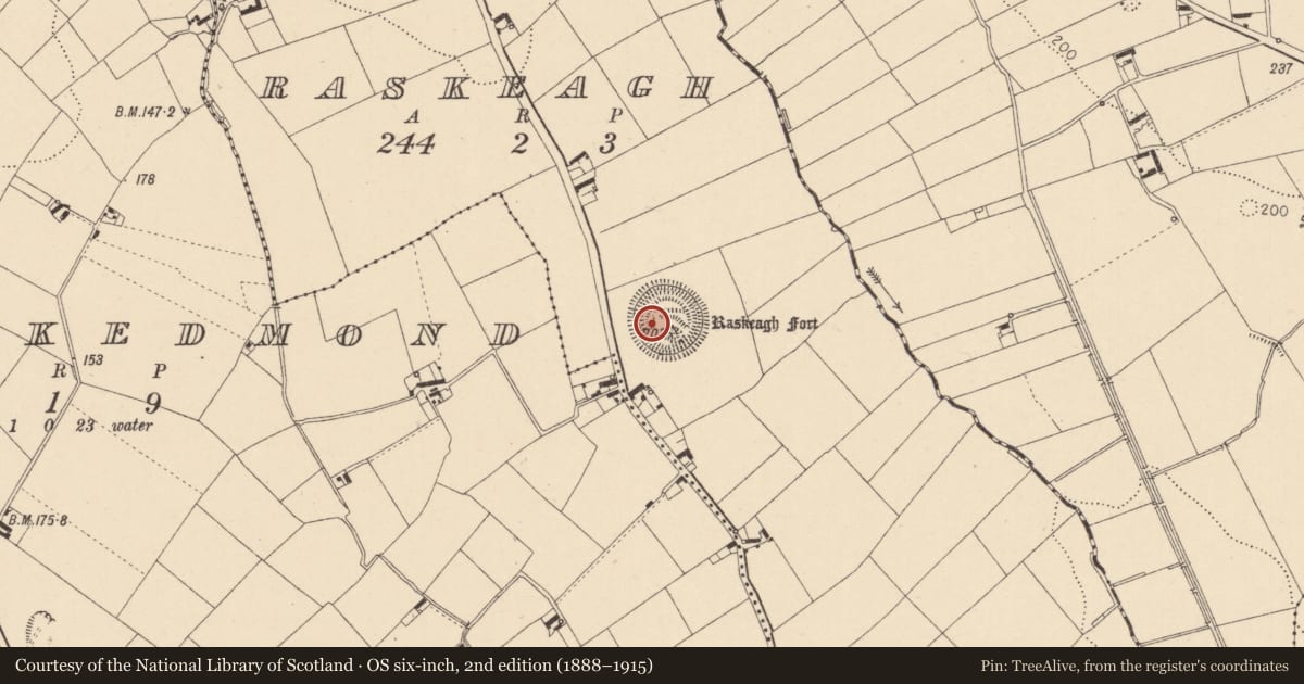 Ordnance Survey six-inch map, 2nd edition (1888–1915) covering the location of Building, Raskeagh, County Louth, with a pin at the register's coordinates