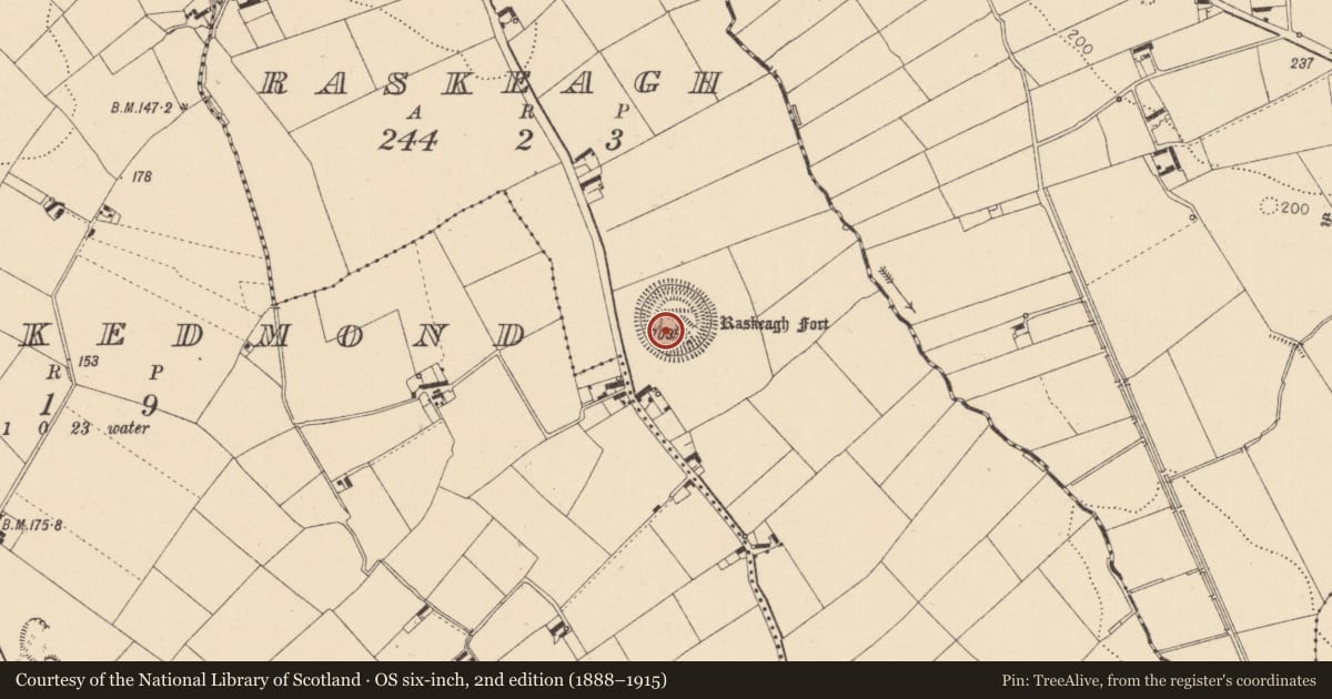 Ordnance Survey six-inch map, 2nd edition (1888–1915) covering the location of Building, Raskeagh, County Louth, with a pin at the register's coordinates