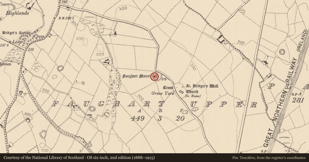 Ordnance Survey six-inch map, 2nd edition (1888–1915) covering the location of Souterrain, Faughart Upper, County Louth, with a pin at the register's coordinates