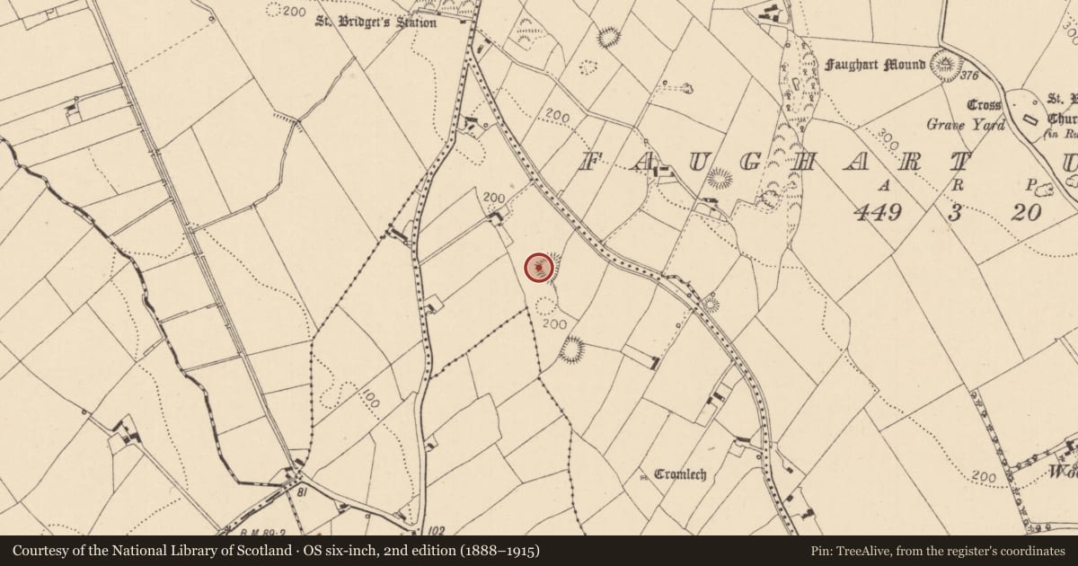 Ordnance Survey six-inch map, 2nd edition (1888–1915) covering the location of Souterrain, Faughart Lower, County Louth, with a pin at the register's coordinates