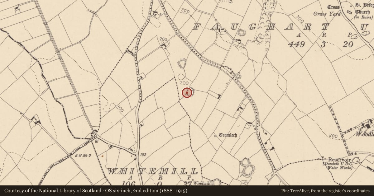 Ordnance Survey six-inch map, 2nd edition (1888–1915) covering the location of Ringfort - rath, Faughart Lower, County Louth, with a pin at the register's coordinates
