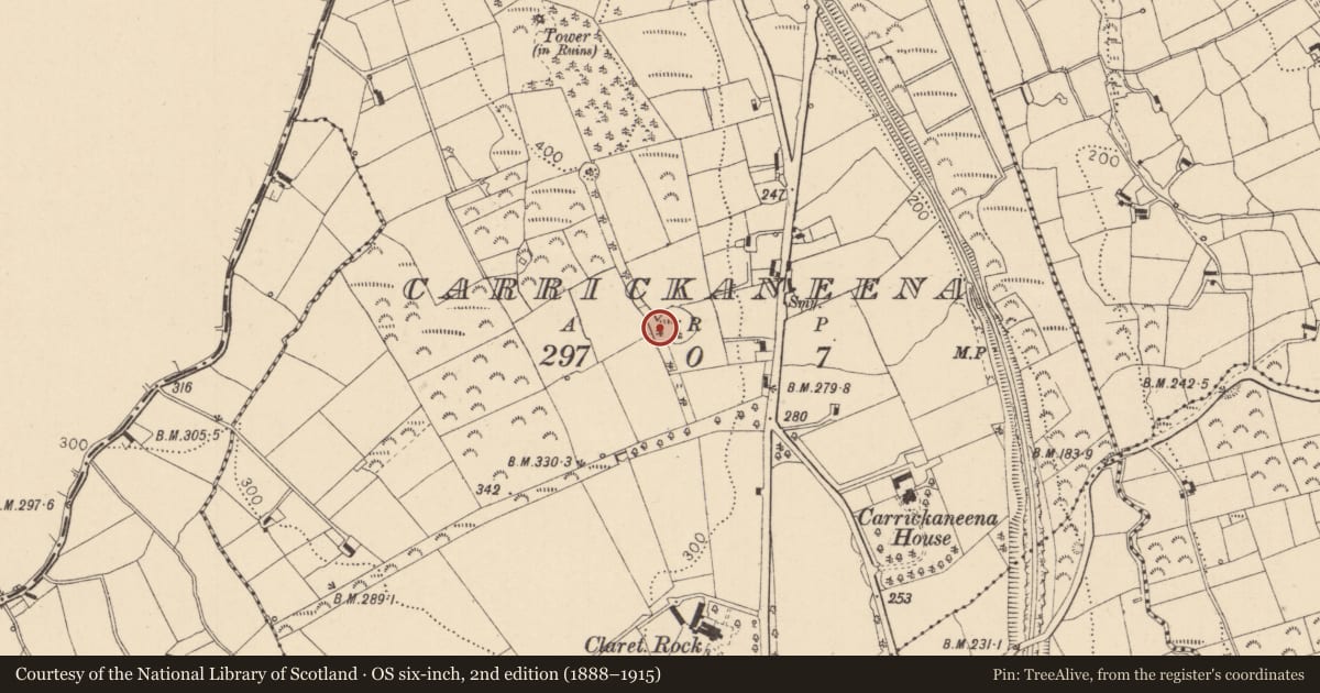Ordnance Survey six-inch map, 2nd edition (1888–1915) covering the location of Enclosure, Carrickaneena, County Louth, with a pin at the register's coordinates