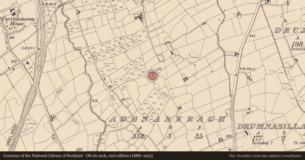 Ordnance Survey six-inch map, 2nd edition (1888–1915) covering the location of Souterrain, Aghnaskeagh, County Louth, with a pin at the register's coordinates