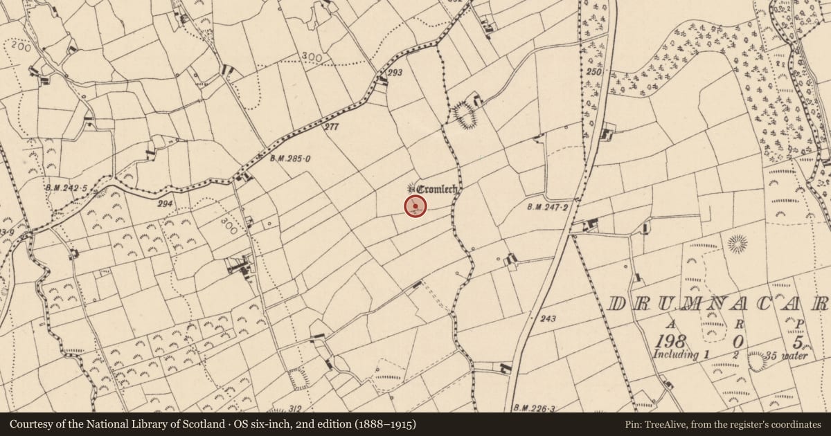 Ordnance Survey six-inch map, 2nd edition (1888–1915) covering the location of Megalithic tomb - court tomb, Aghnaskeagh, County Louth, with a pin at the register's coordinates