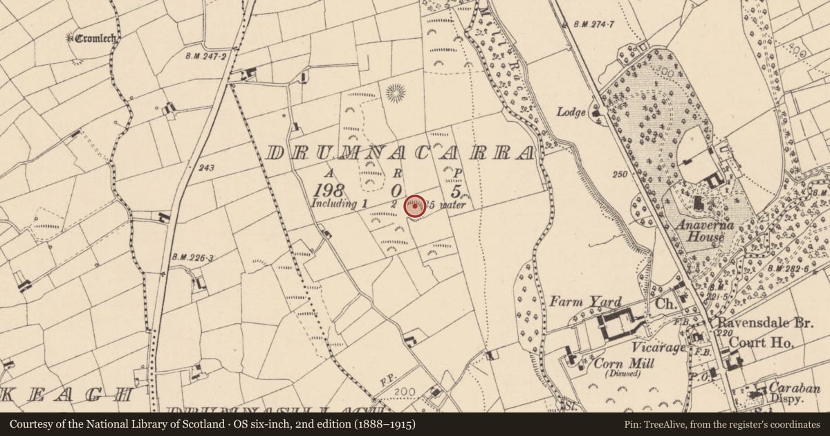 Ordnance Survey six-inch map, 2nd edition (1888–1915) covering the location of Ringfort - rath, Drumnacarra, County Louth, with a pin at the register's coordinates