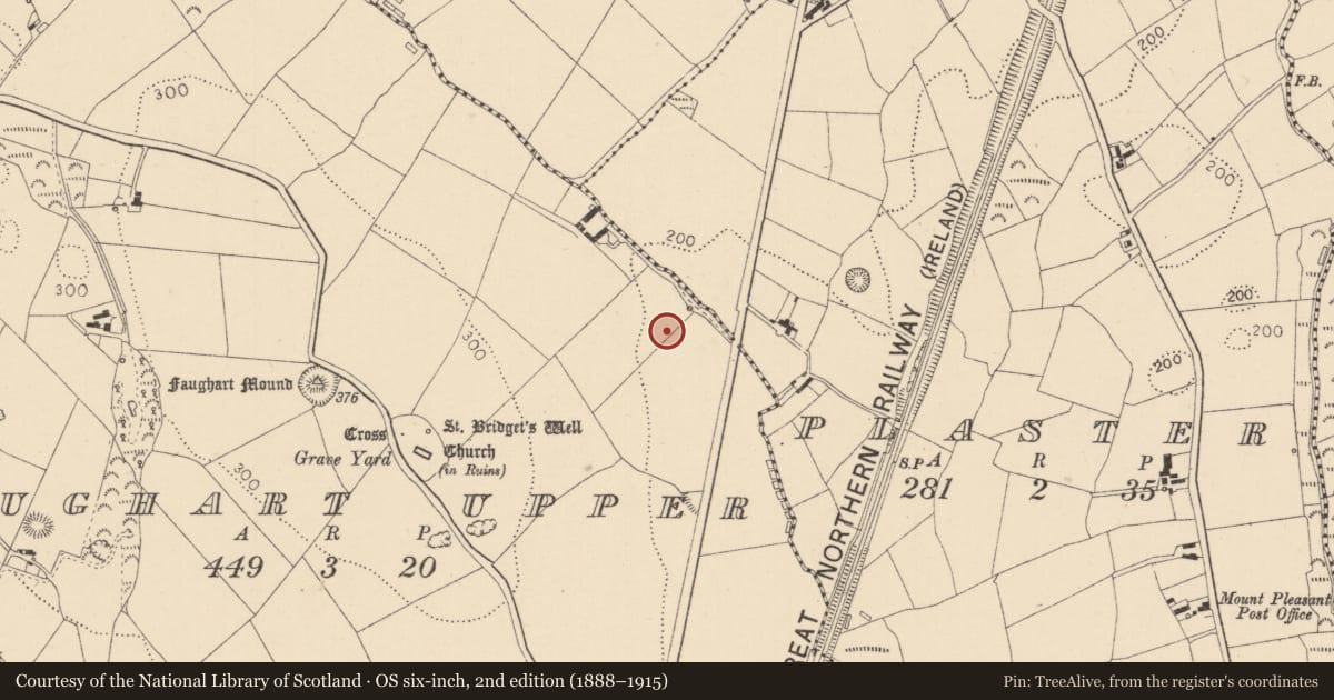 Ordnance Survey six-inch map, 2nd edition (1888–1915) covering the location of Earthwork, Faughart Upper, County Louth, with a pin at the register's coordinates