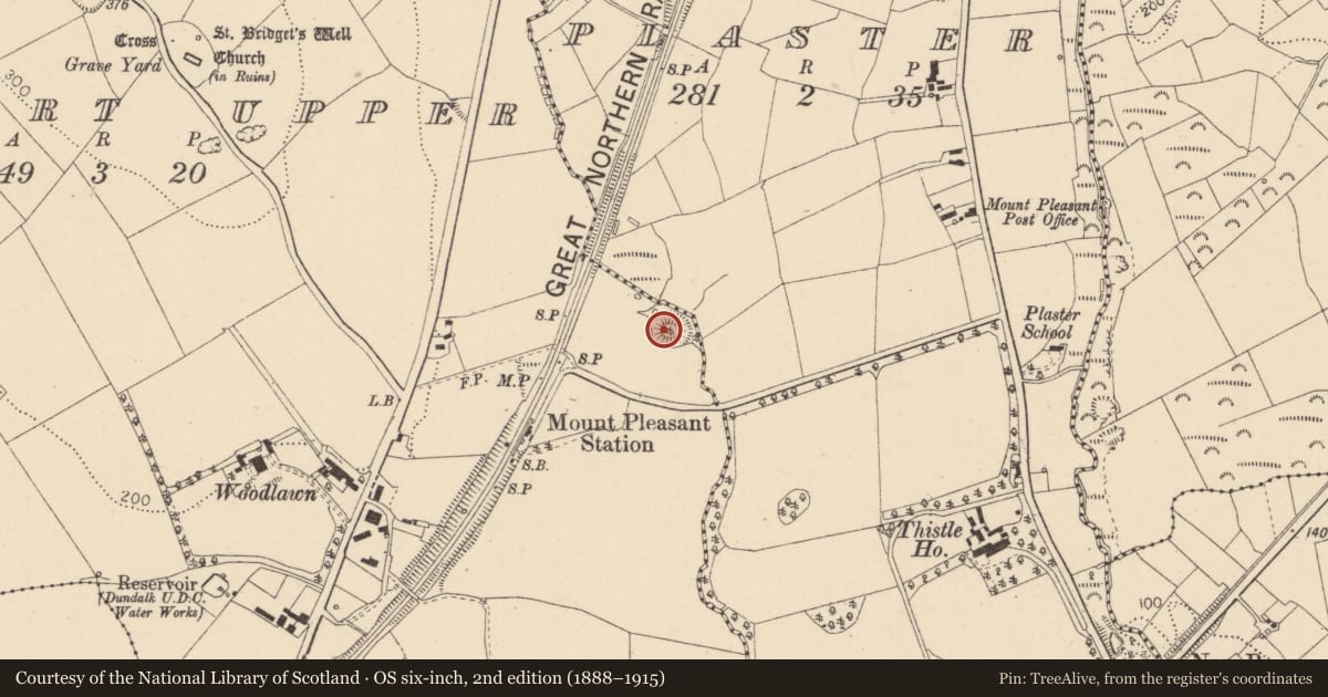 Ordnance Survey six-inch map, 2nd edition (1888–1915) covering the location of Ringfort - rath, Faughart Upper, County Louth, with a pin at the register's coordinates