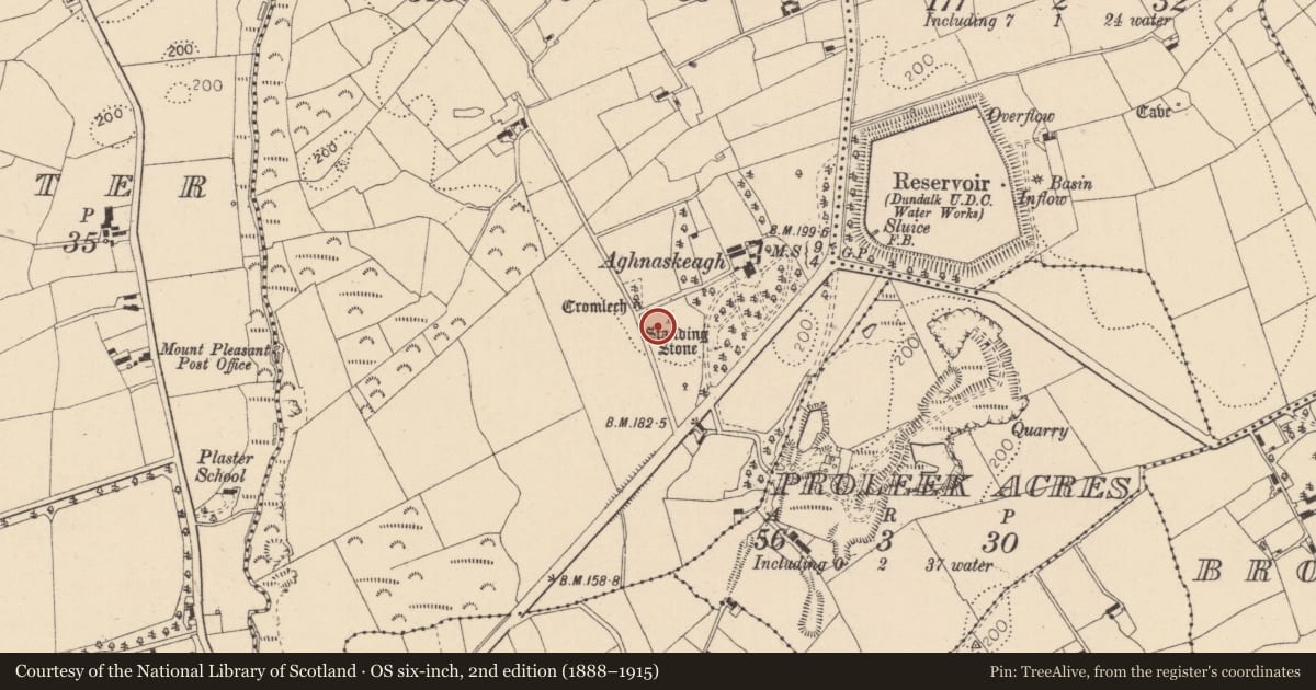 Ordnance Survey six-inch map, 2nd edition (1888–1915) covering the location of Standing stone, Aghnaskeagh, County Louth, with a pin at the register's coordinates