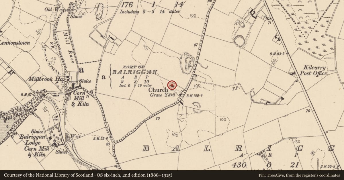 Ordnance Survey six-inch map, 2nd edition (1888–1915) covering the location of Church, Kilcurry, County Louth, with a pin at the register's coordinates
