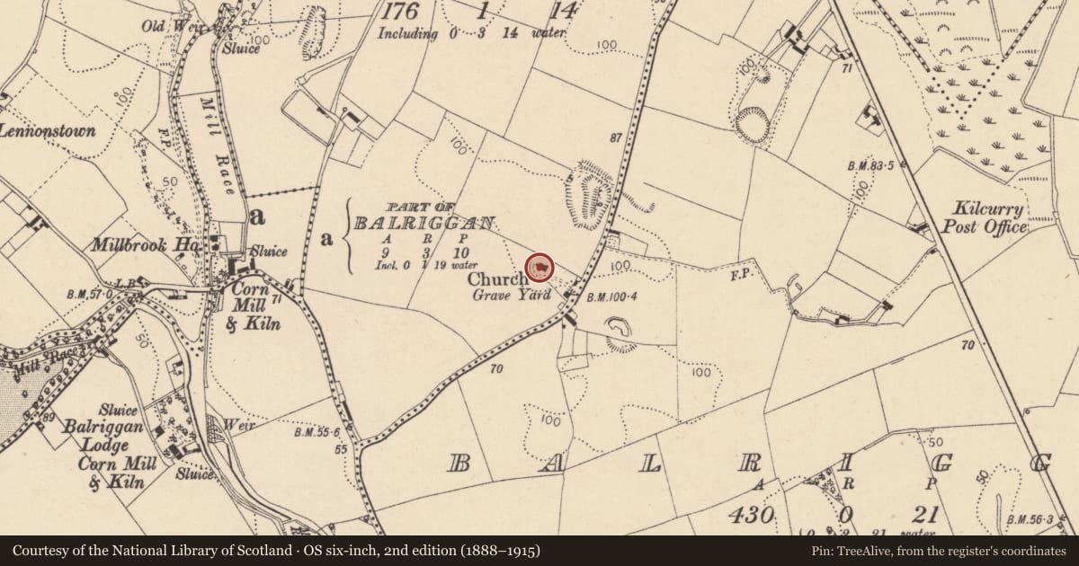 Ordnance Survey six-inch map, 2nd edition (1888–1915) covering the location of Enclosure, Kilcurry, County Louth, with a pin at the register's coordinates