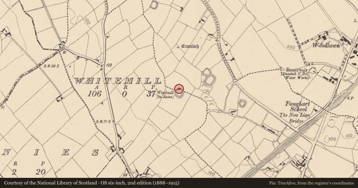 Ordnance Survey six-inch map, 2nd edition (1888–1915) covering the location of Earthwork, Whitemill, County Louth, with a pin at the register's coordinates