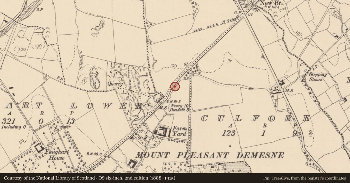 Ordnance Survey six-inch map, 2nd edition (1888–1915) covering the location of Enclosure, Aghaboys, County Louth, with a pin at the register's coordinates
