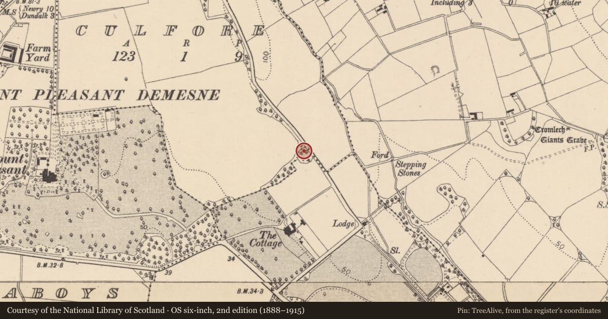 Ordnance Survey six-inch map, 2nd edition (1888–1915) covering the location of Enclosure, Ballymascanlan, Culfore, County Louth, with a pin at the register's coordinates